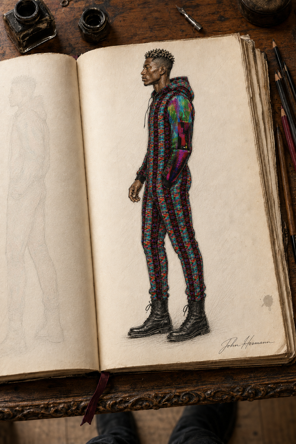 Heaven Hell Yin Yang 4 Hazmat Suit designer sketchbook left side
