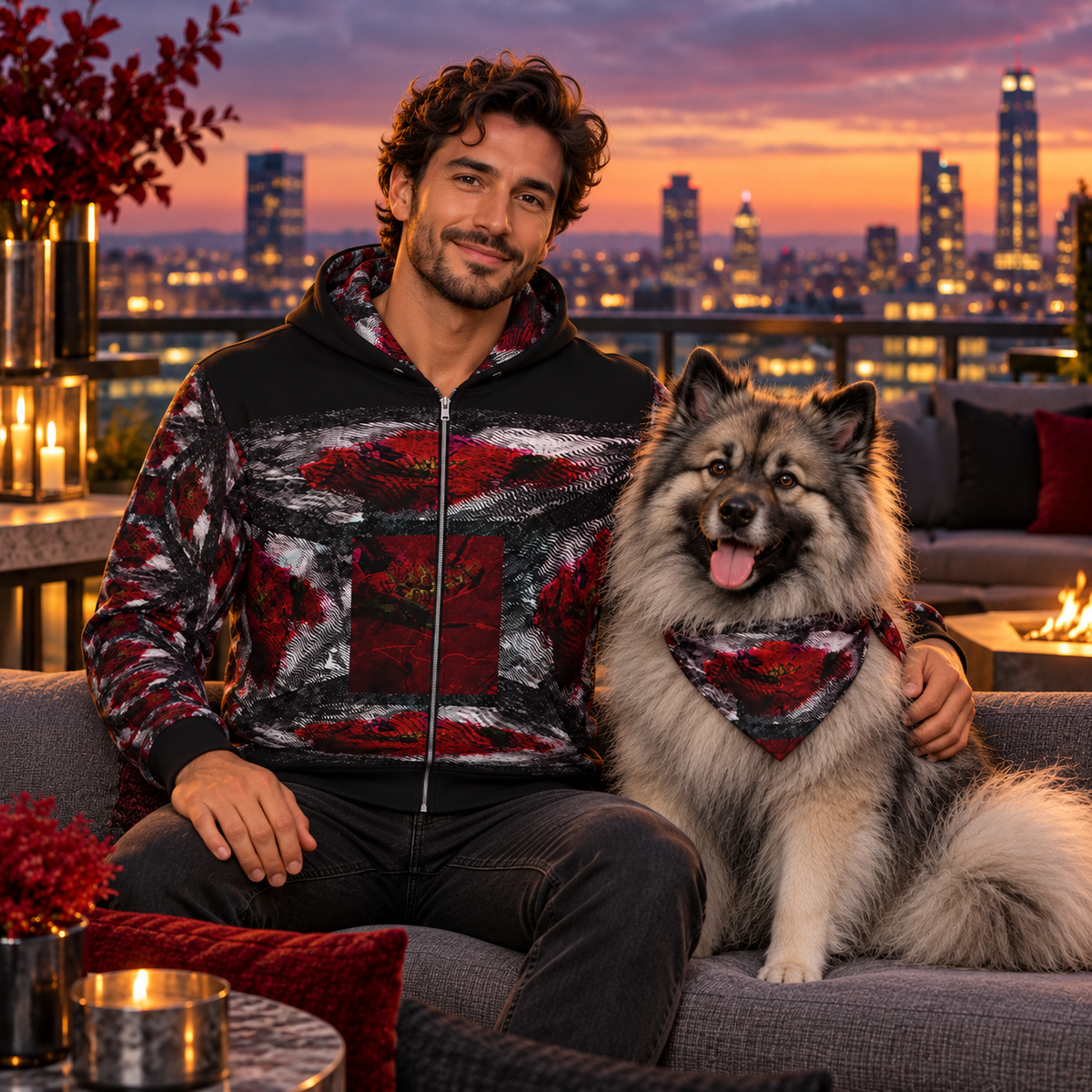 Illusion of Love Hoodie — front owner and dog companion