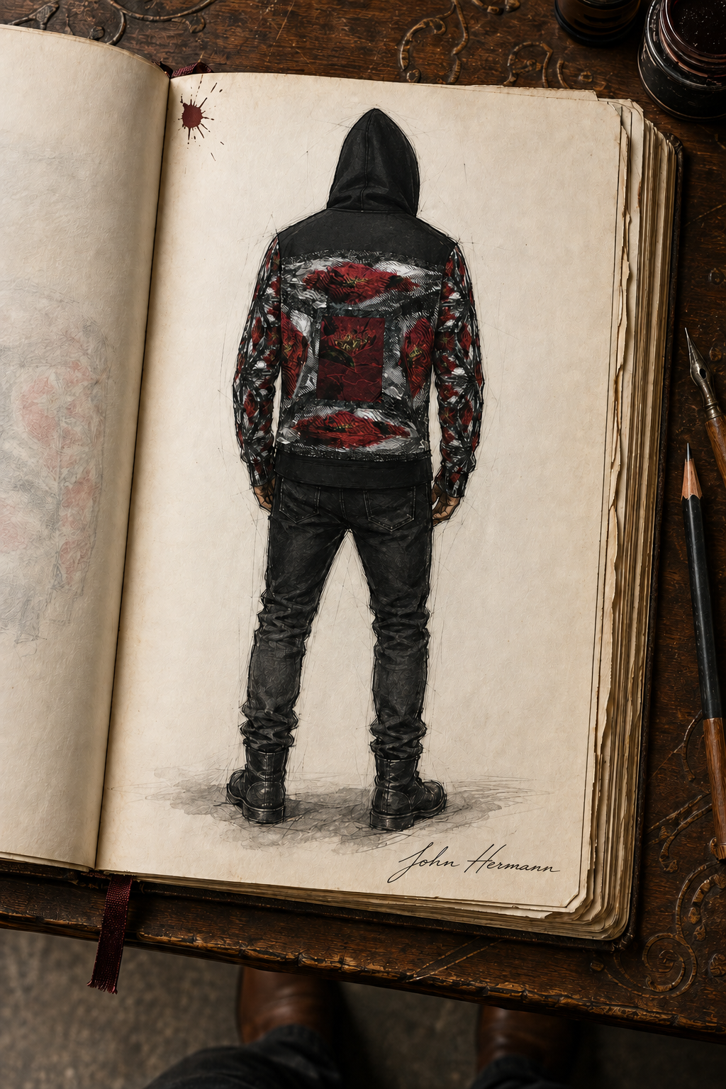 Designer Handbook back view of Illusion of Love Hoodie with raised hood