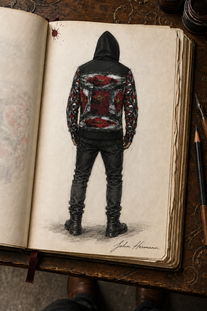 Designer Handbook back view of Illusion of Love Hoodie with raised hood