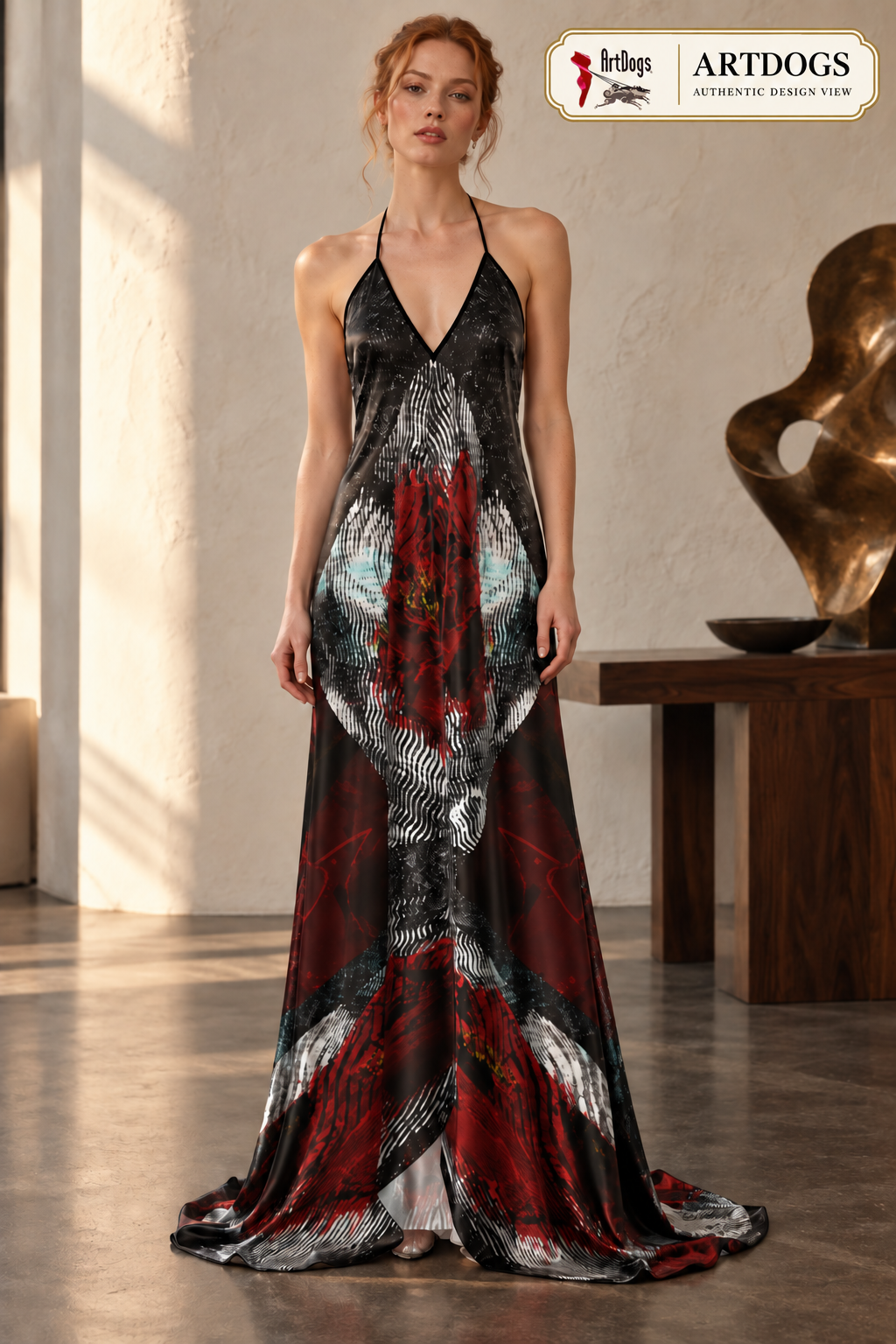 Illusions of Love Halterneck backless dress — Authentic Design View, front, 100% Real Silk Satin 85gsm, with a train.