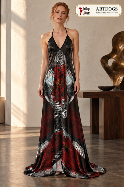 Illusions of Love Halterneck backless dress — Authentic Design View, front, 100% Real Silk Satin 85gsm, with a train.