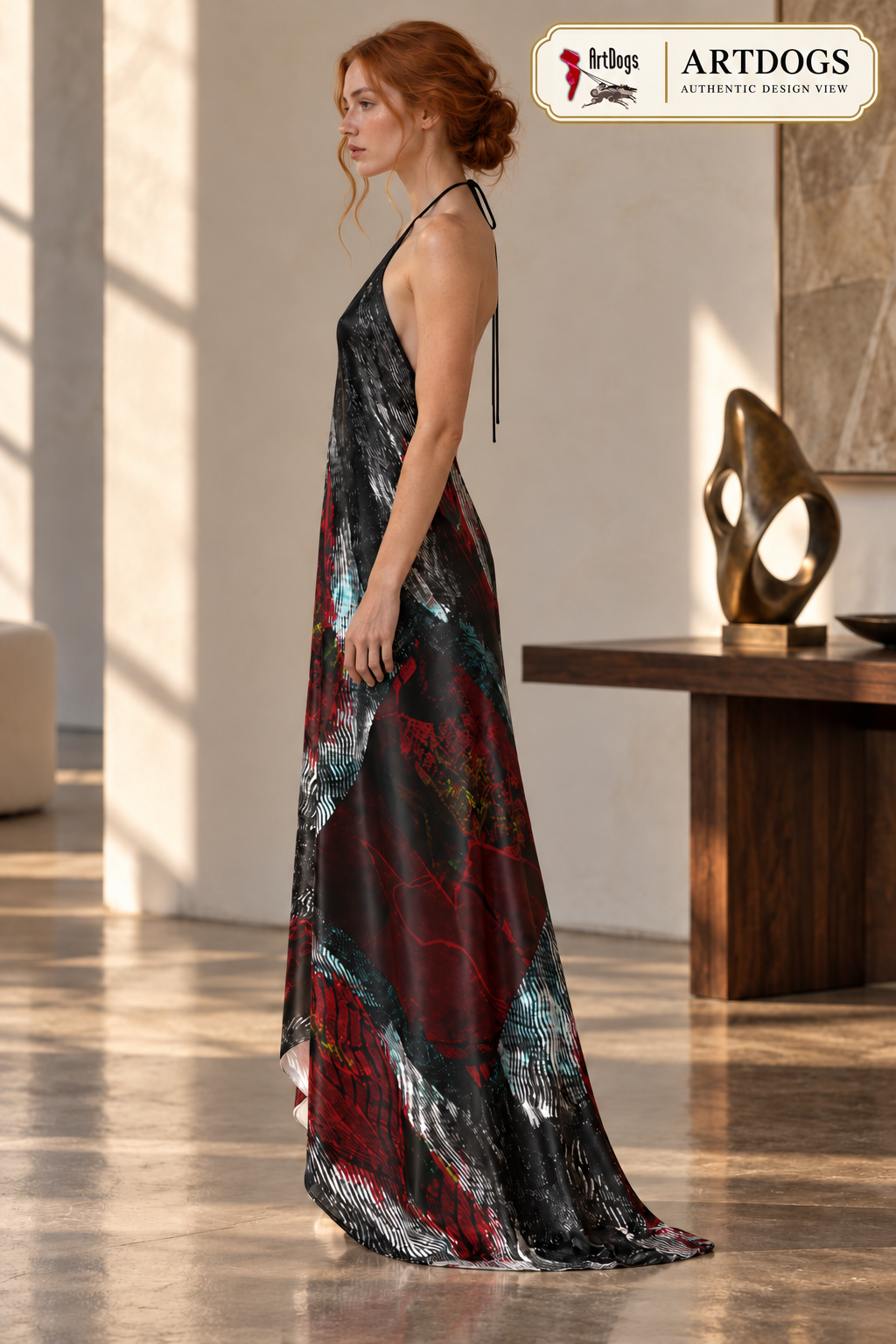 Illusions of Love Halterneck backless dress — Authentic Design View, left, 100% Real Silk Satin 85gsm, with a train.