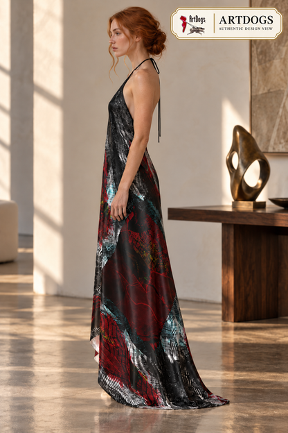 Illusions of Love Halterneck backless dress — Authentic Design View, left, 100% Real Silk Satin 85gsm, with a train.