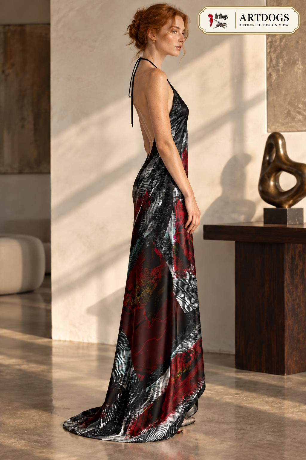Illusions of Love Halterneck backless dress — Authentic Design View, right, 100% Real Silk Satin 85gsm, with a train.