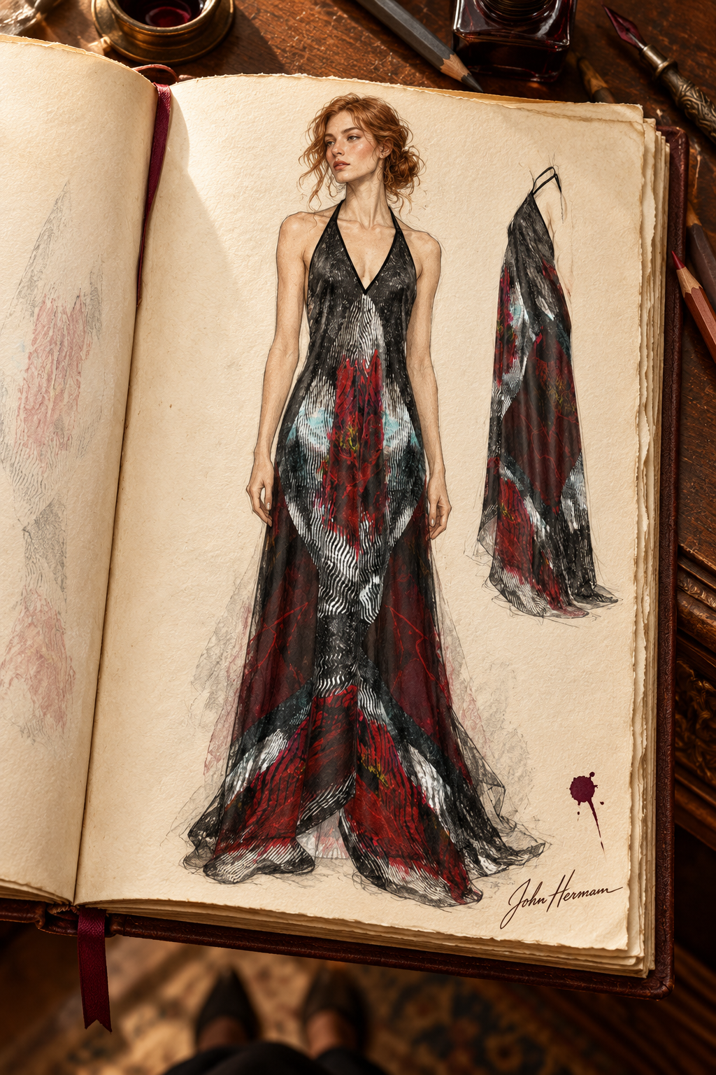 Illusions of Love Halterneck backless dress — John Hermann hand-drawn Handbook, front.