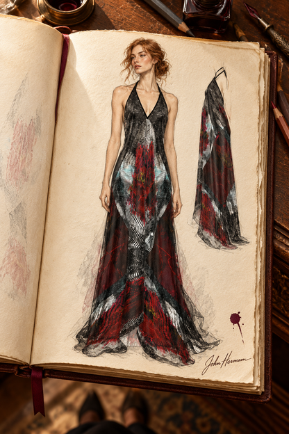 Illusions of Love Halterneck backless dress — John Hermann hand-drawn Handbook, front.