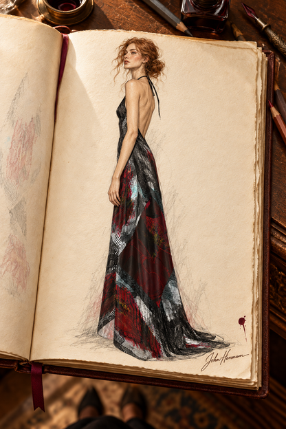 Illusions of Love Halterneck backless dress — John Hermann hand-drawn Handbook, left.
