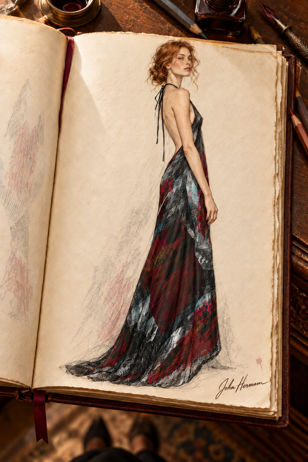 Illusions of Love Halterneck backless dress — John Hermann hand-drawn Handbook, right.