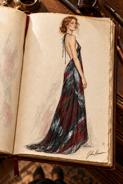 Illusions of Love Halterneck backless dress — John Hermann hand-drawn Handbook, right.
