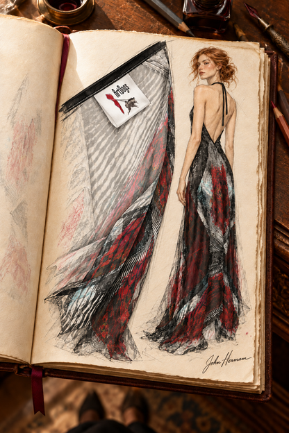 Illusions of Love Halterneck backless dress — John Hermann hand-drawn Handbook, fabric-label-detail.