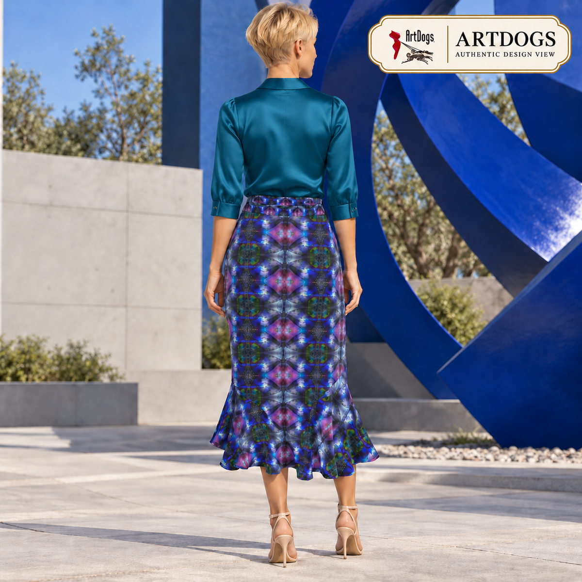 In the Beginning long Flounce Skirt — Authentic back — styled rich teal tailored silk blouse