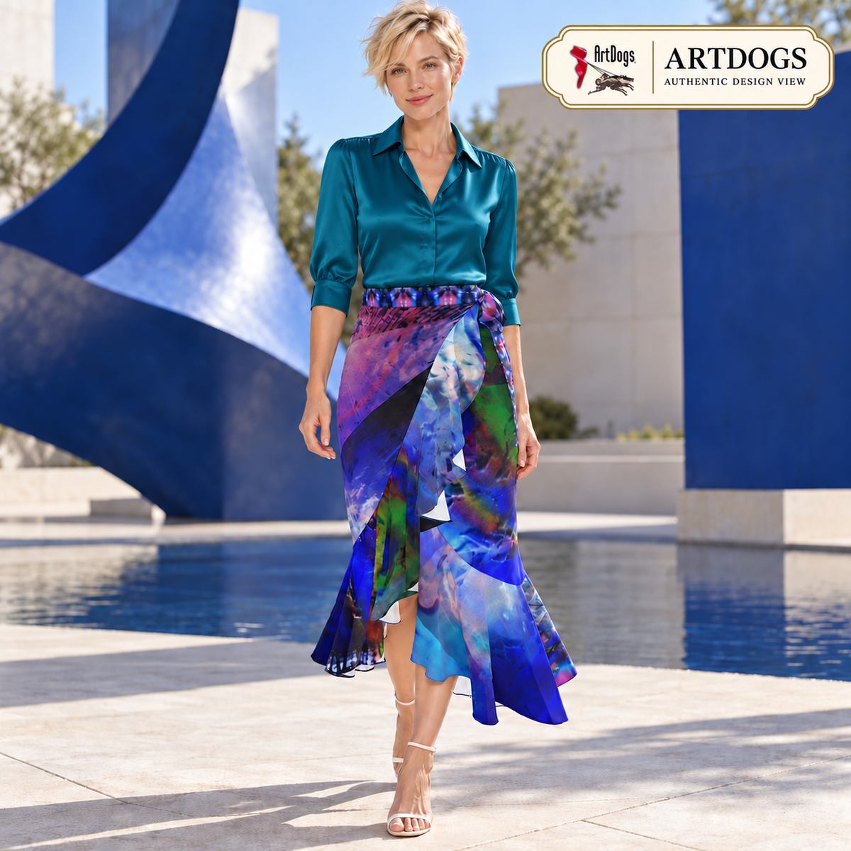 In the Beginning long Flounce Skirt — Authentic front — styled rich teal tailored silk blouse