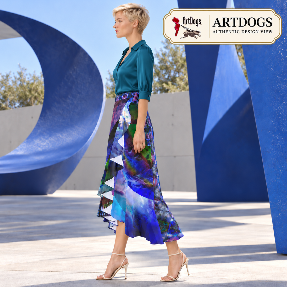 In the Beginning long Flounce Skirt — Authentic left — styled rich teal tailored silk blouse
