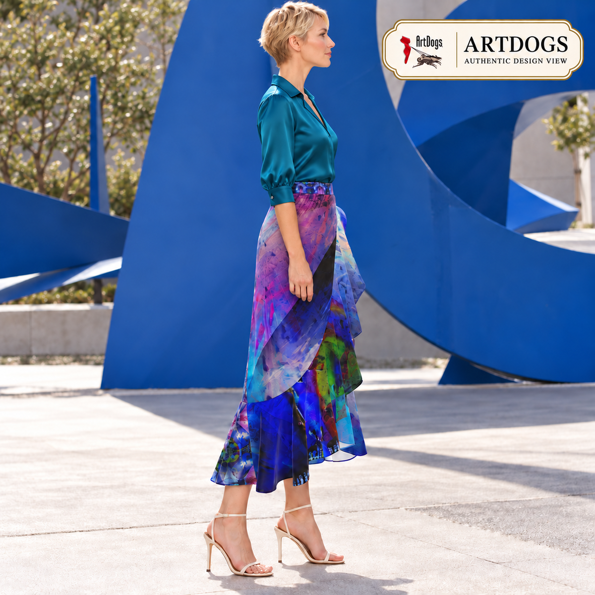 In the Beginning long Flounce Skirt — Authentic right — styled rich teal tailored silk blouse