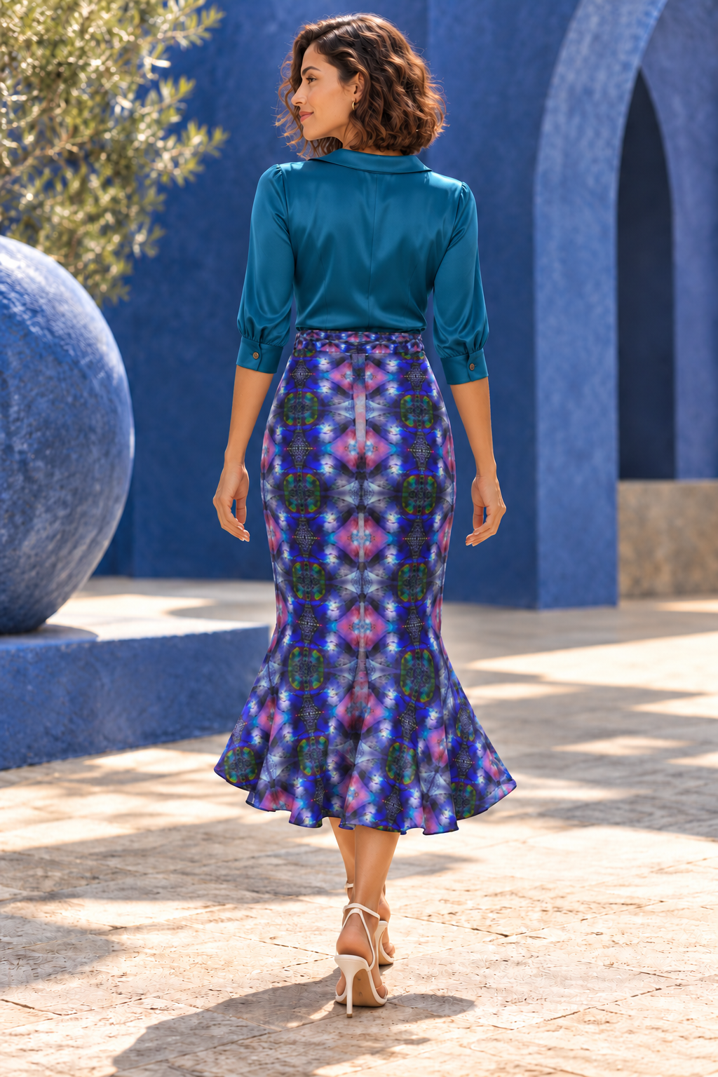 In the Beginning long Flounce Skirt — Fashion back — styled rich teal tailored silk blouse