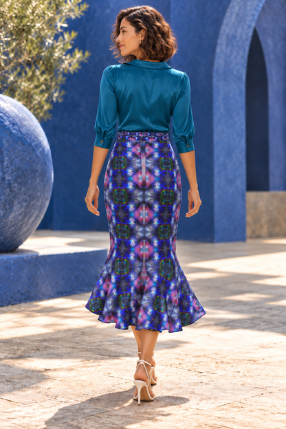 In the Beginning long Flounce Skirt — Fashion back — styled rich teal tailored silk blouse
