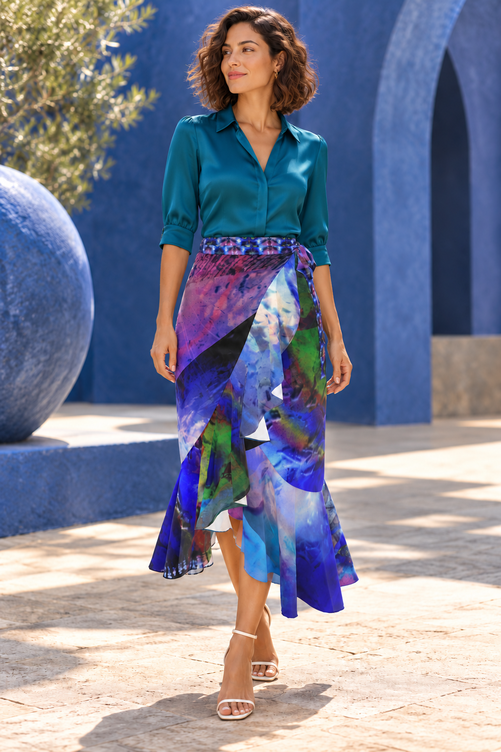 In the Beginning long Flounce Skirt — Fashion front — styled rich teal tailored silk blouse