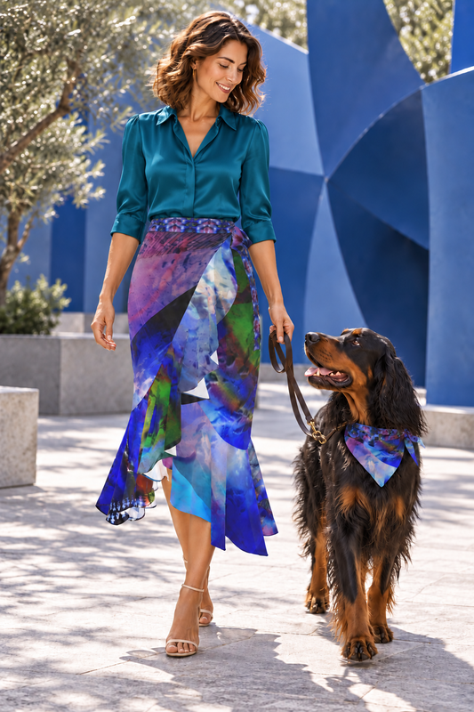 In the Beginning long Flounce Skirt — Fashion owner-and-dog — styled rich teal tailored silk blouse