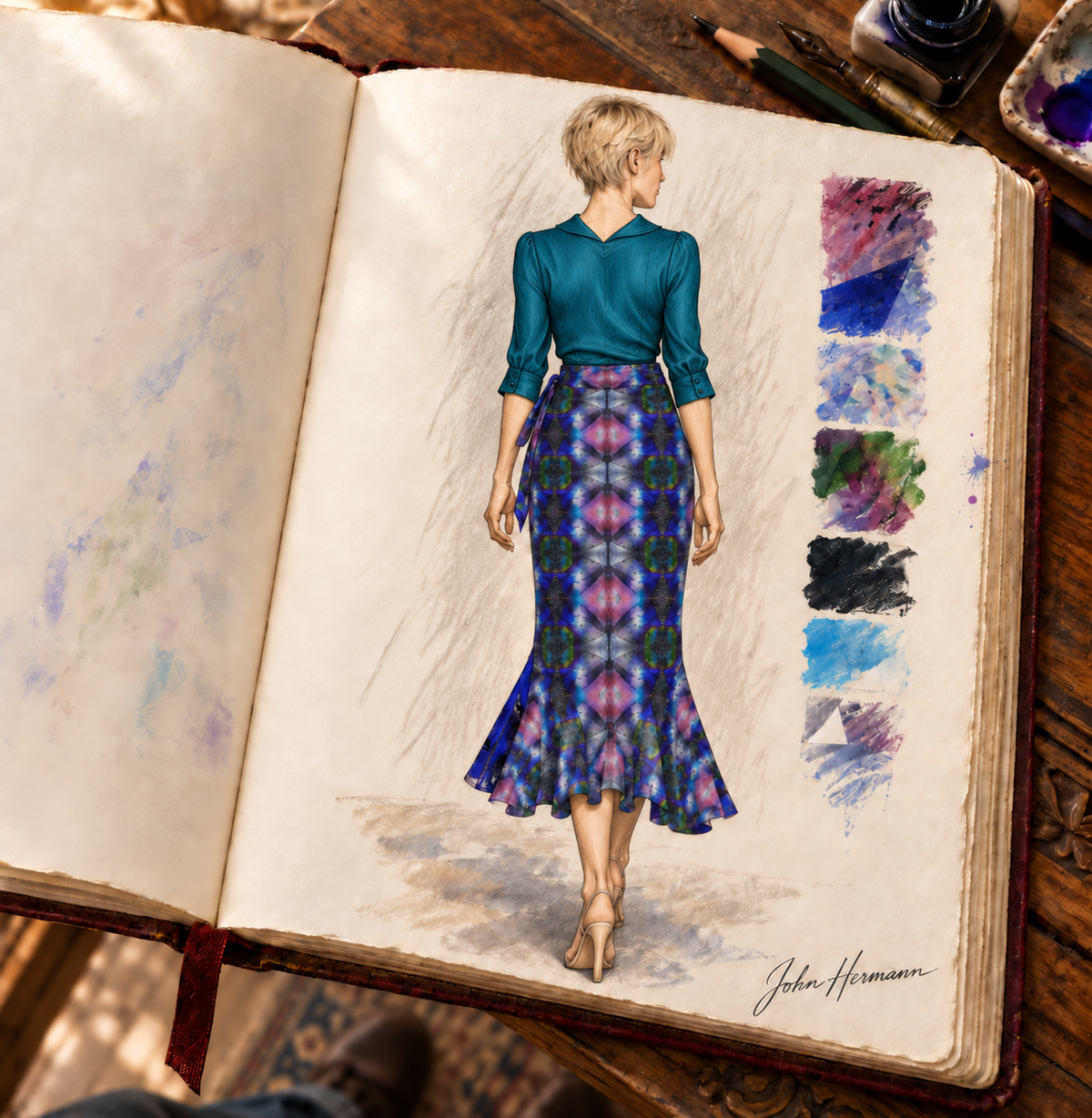 In the Beginning long Flounce Skirt — Handbook back — styled rich teal tailored silk blouse