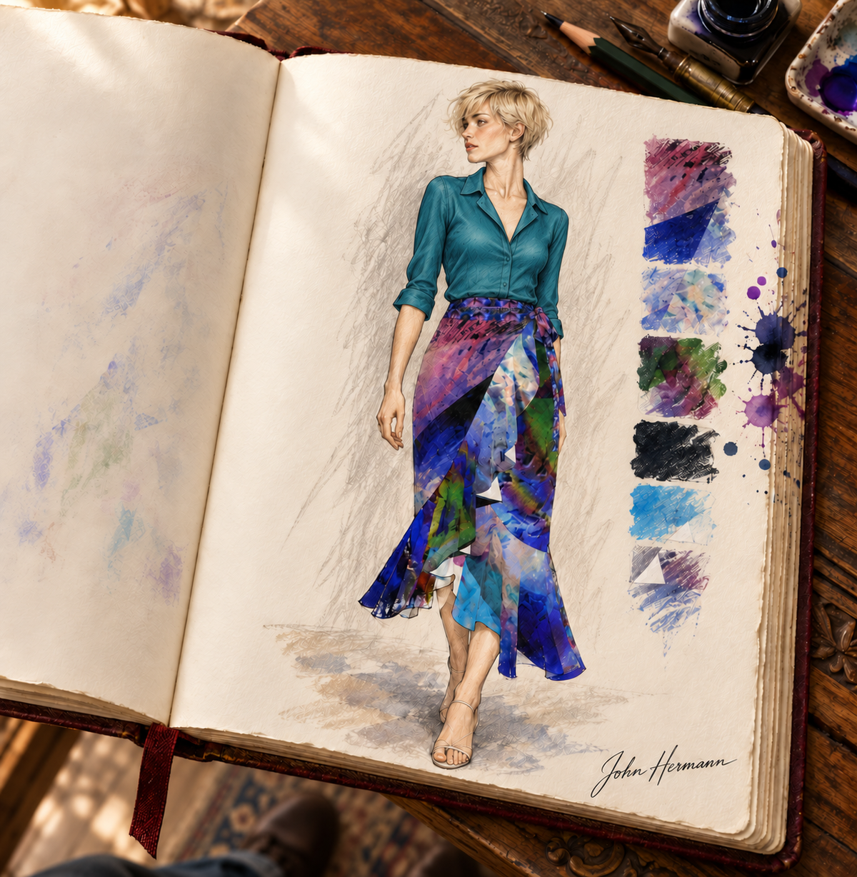 In the Beginning long Flounce Skirt — Handbook front — styled rich teal tailored silk blouse