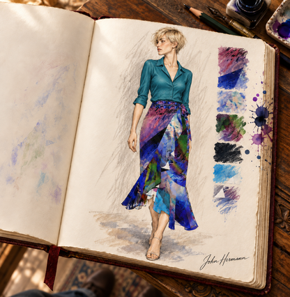 In the Beginning long Flounce Skirt — Handbook front — styled rich teal tailored silk blouse