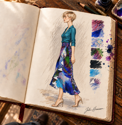 In the Beginning long Flounce Skirt — Handbook left — styled rich teal tailored silk blouse