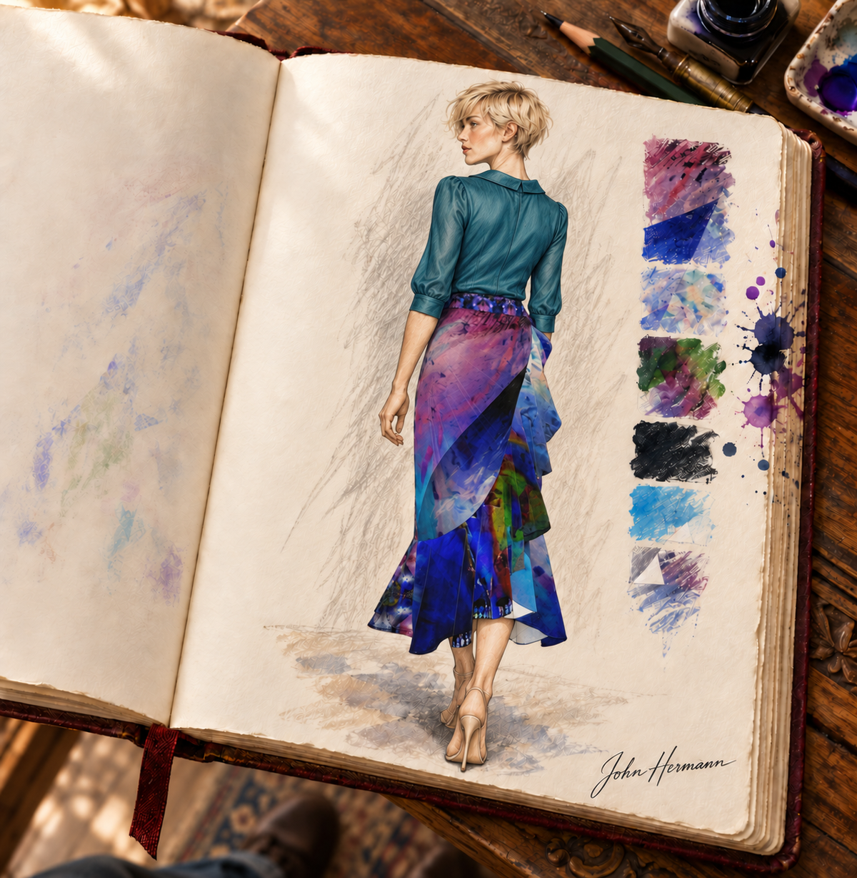 In the Beginning long Flounce Skirt — Handbook right — styled rich teal tailored silk blouse