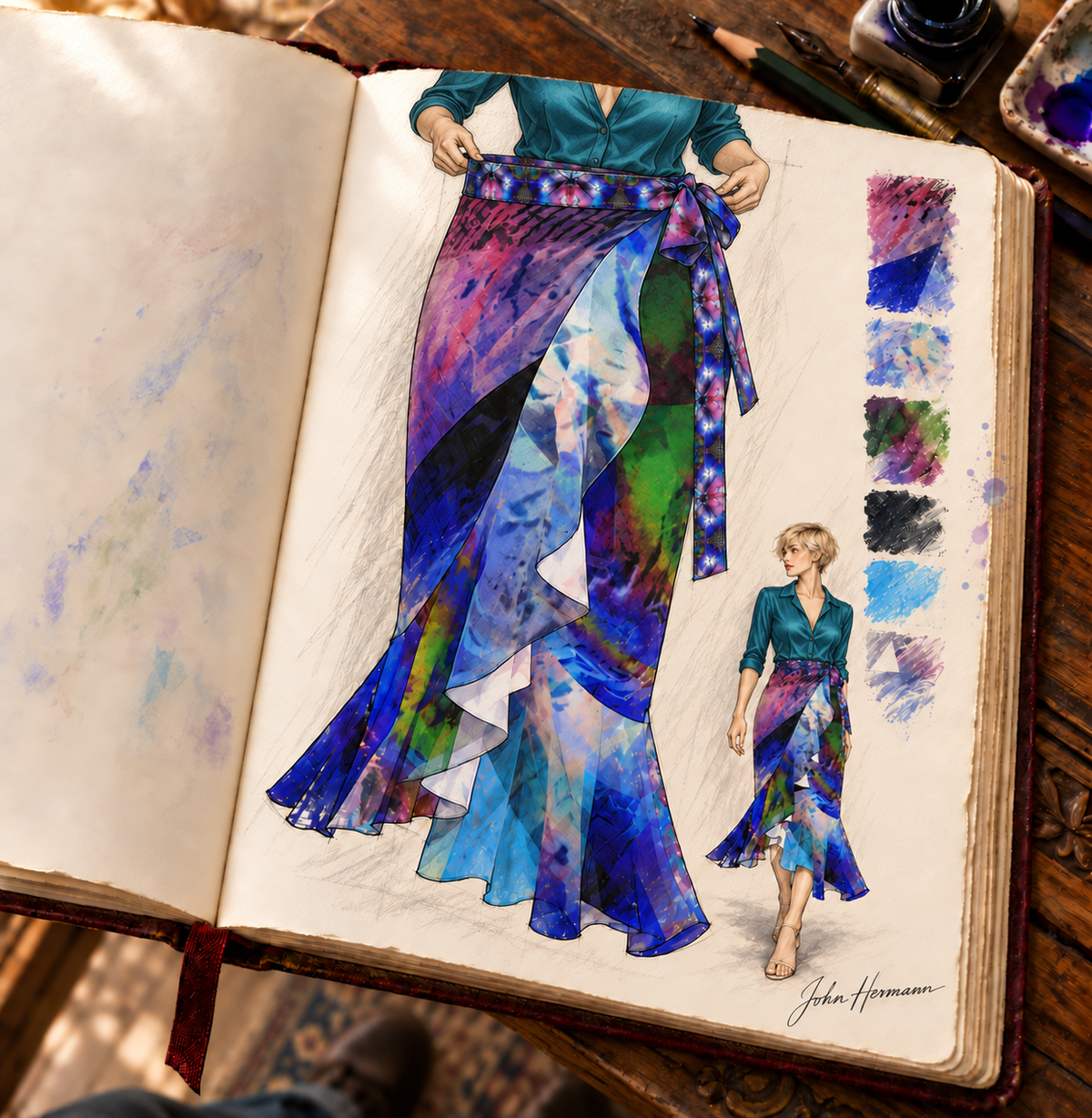 In the Beginning long Flounce Skirt — Handbook upper-right-waist-detail — styled blouse; physically supported fabric detail