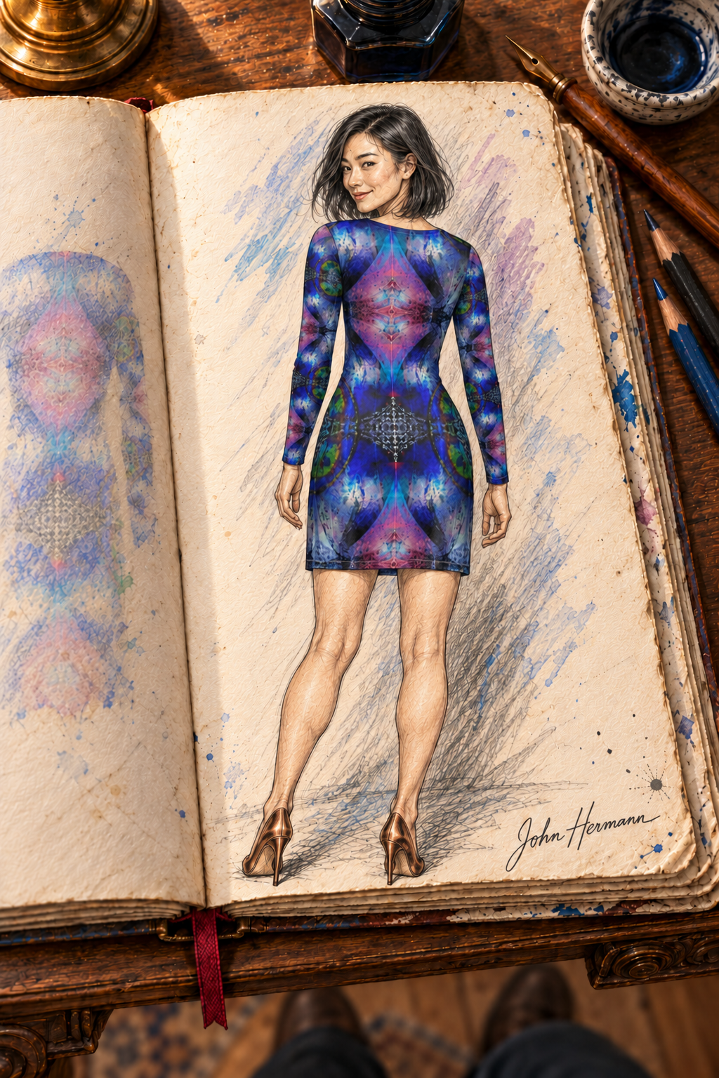 ArtDogs In the Beginning Above-the-Knee Ladies Cardigan Dress — Handbook, back.
