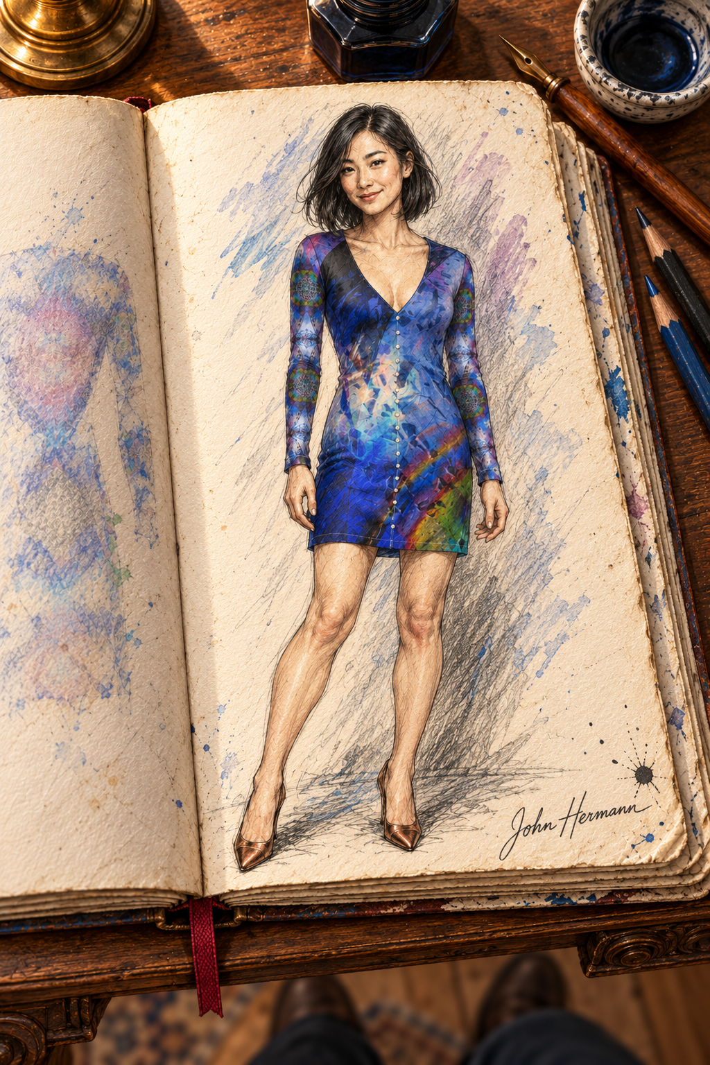 ArtDogs In the Beginning Above-the-Knee Ladies Cardigan Dress — Handbook, front.