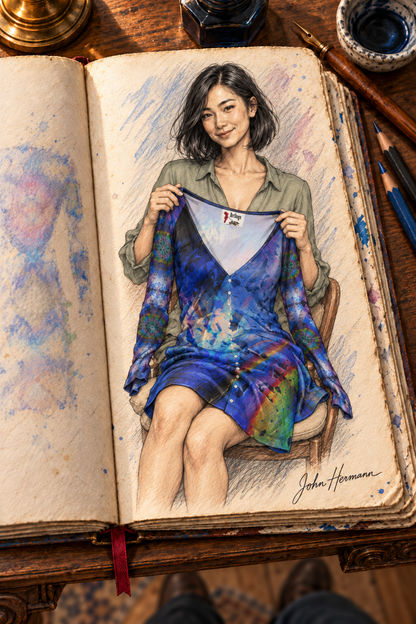 ArtDogs In the Beginning Above-the-Knee Ladies Cardigan Dress — Handbook, interior neck label.