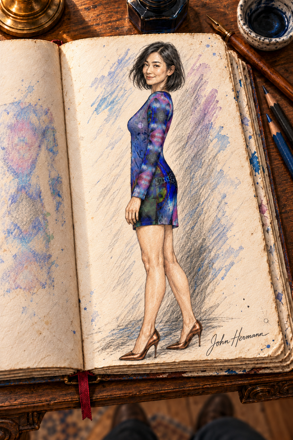 ArtDogs In the Beginning Above-the-Knee Ladies Cardigan Dress — Handbook, profile facing left.