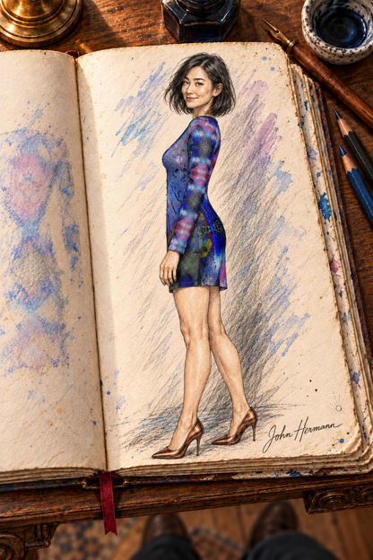 ArtDogs In the Beginning Above-the-Knee Ladies Cardigan Dress — Handbook, profile facing left.