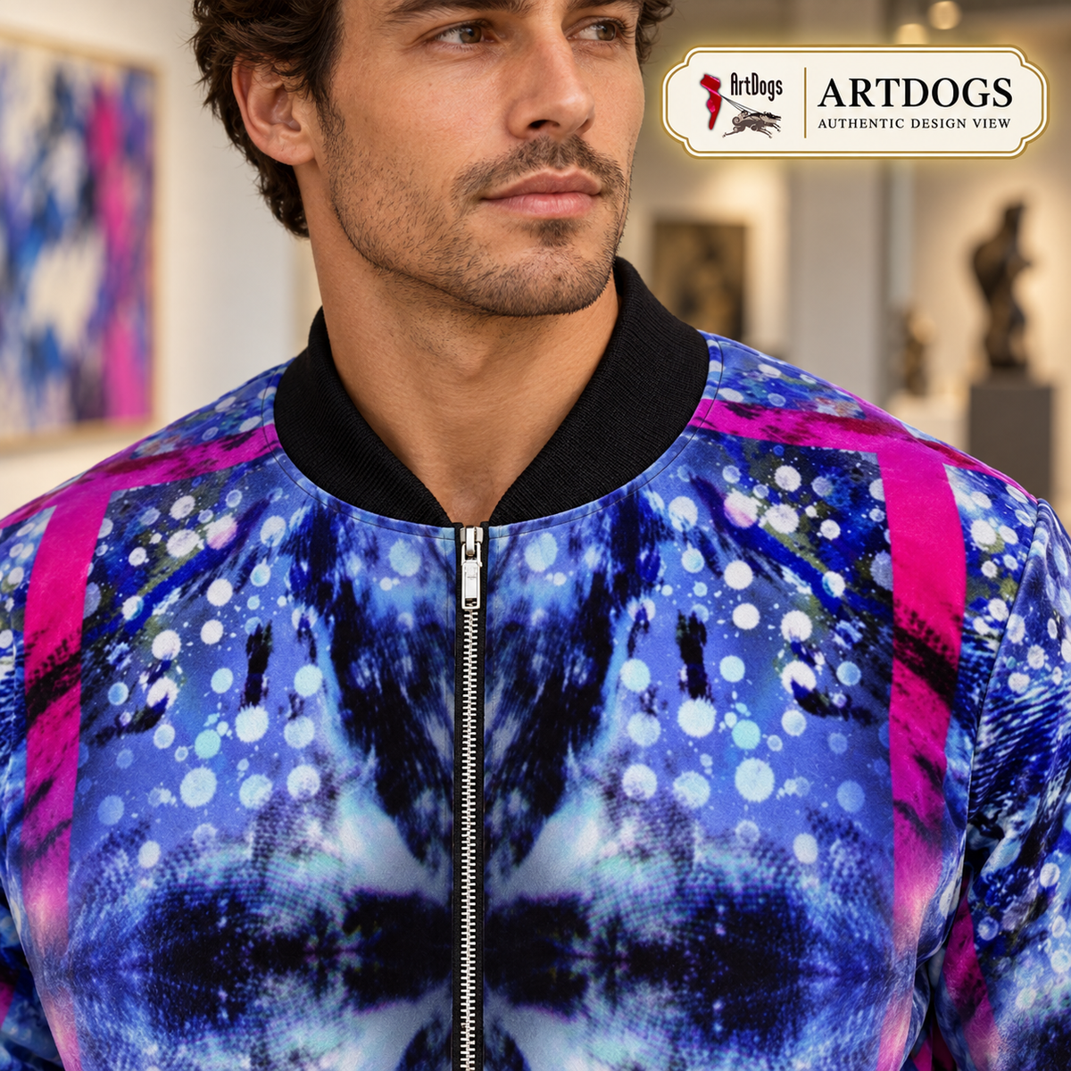 Intersect 1 men’s bomber jacket Marble Velvet collar and zipper Authentic Design View