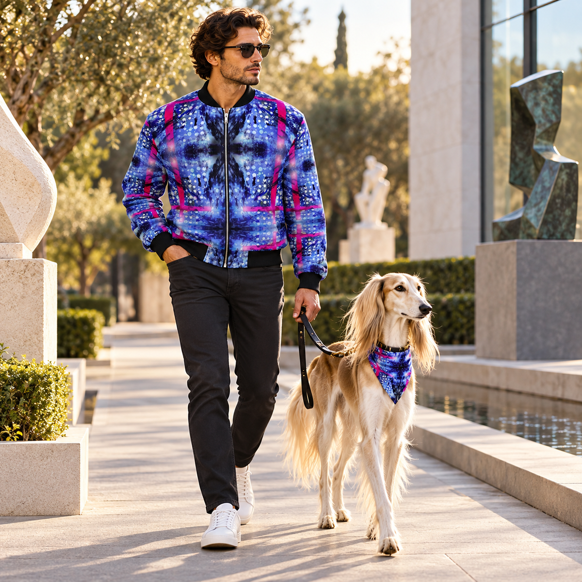 Man wearing Intersect 1 men’s bomber jacket walking with an adult Saluki in a matching artwork bandana