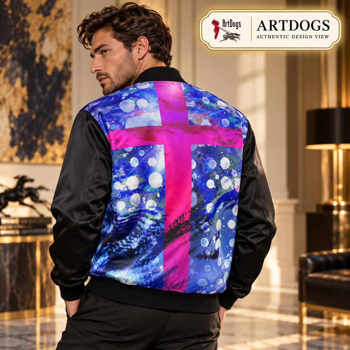 Intersect 1 men's reversible silk bomber jacket, authentic design view, side a back