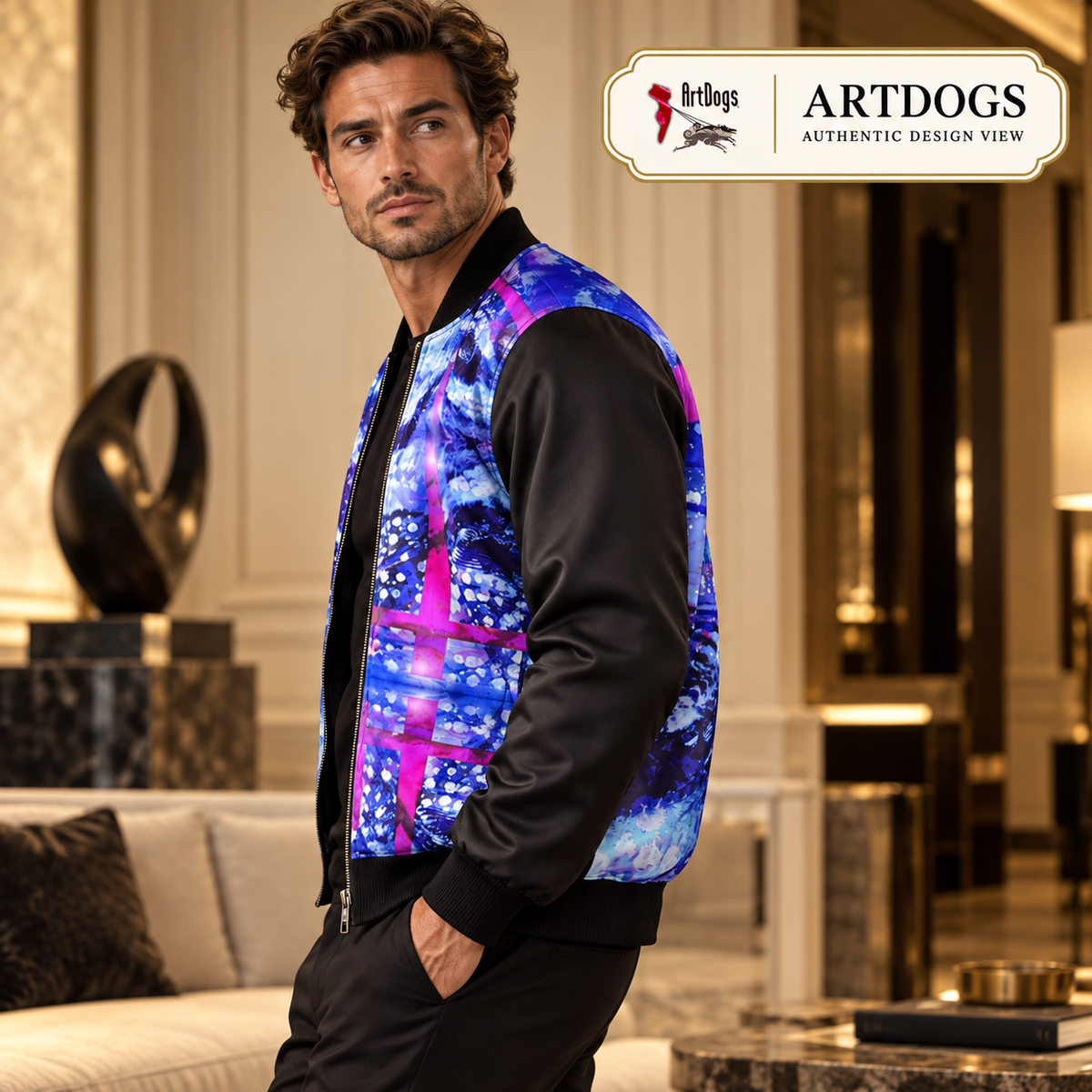 Intersect 1 men's reversible silk bomber jacket, authentic design view, side a left