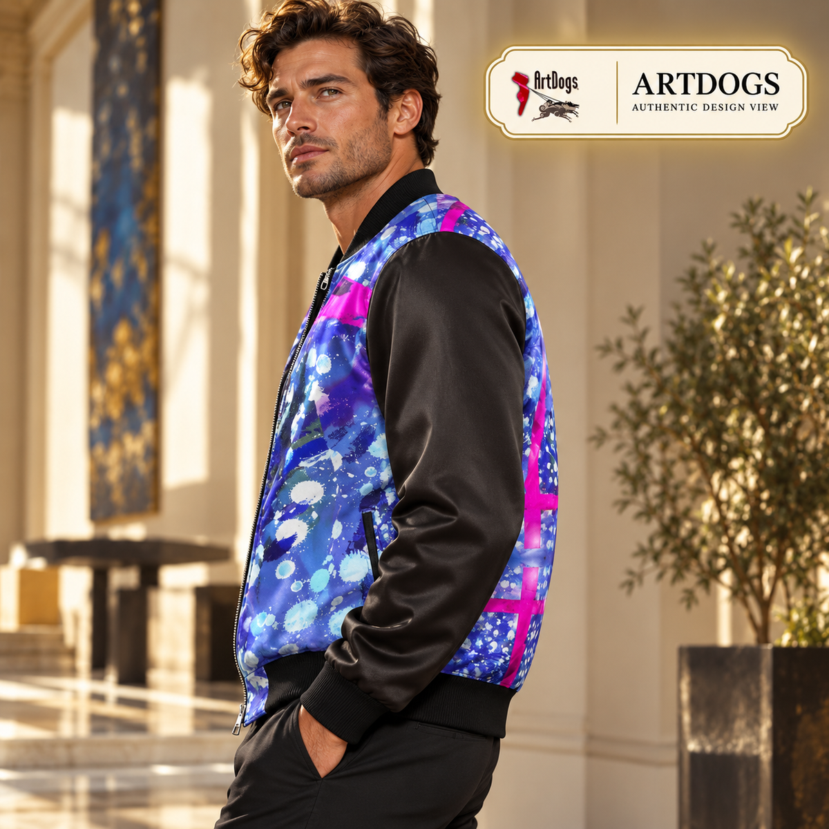 Intersect 1 men's reversible silk bomber jacket, authentic design view, side a right