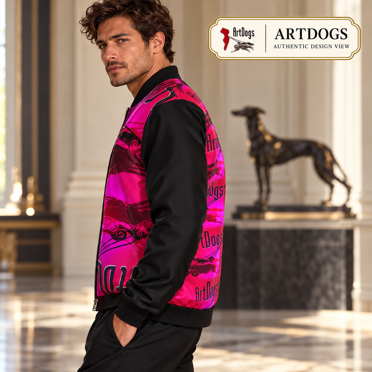 Intersect 1 men's reversible silk bomber jacket, authentic design view, side b right