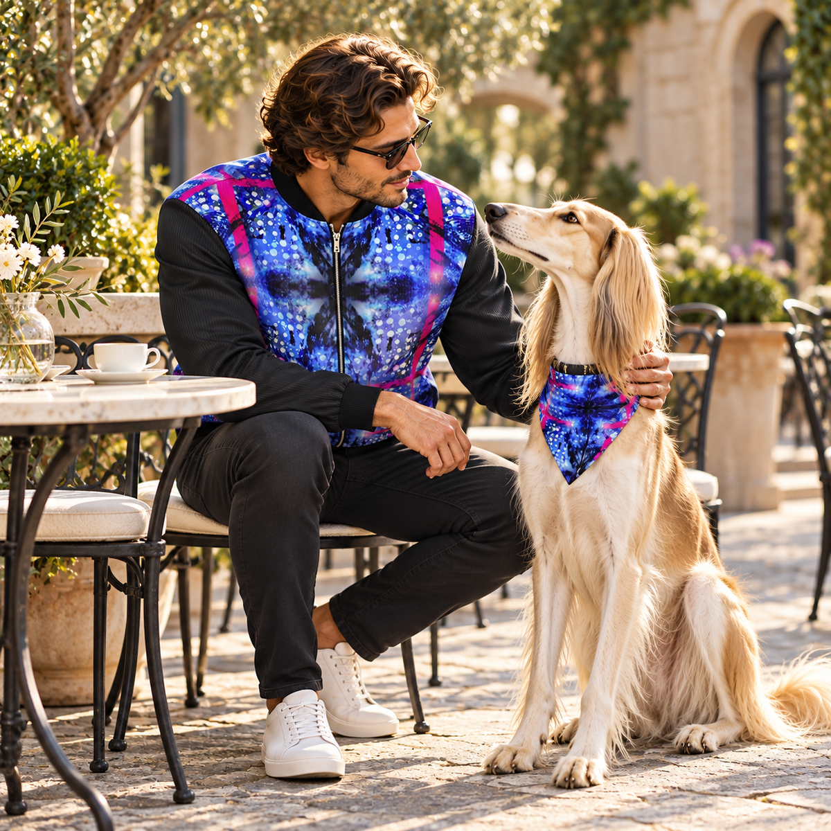 Intersect 1 men's reversible silk bomber jacket, companion, owner and saluki