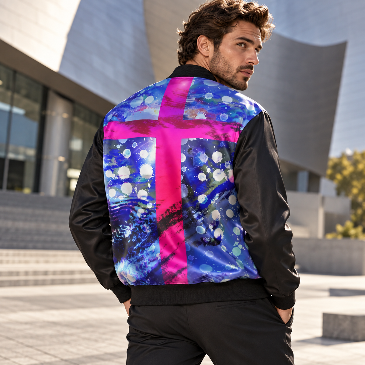 Intersect 1 men's reversible silk bomber jacket, conventional fashion, fashion side a back