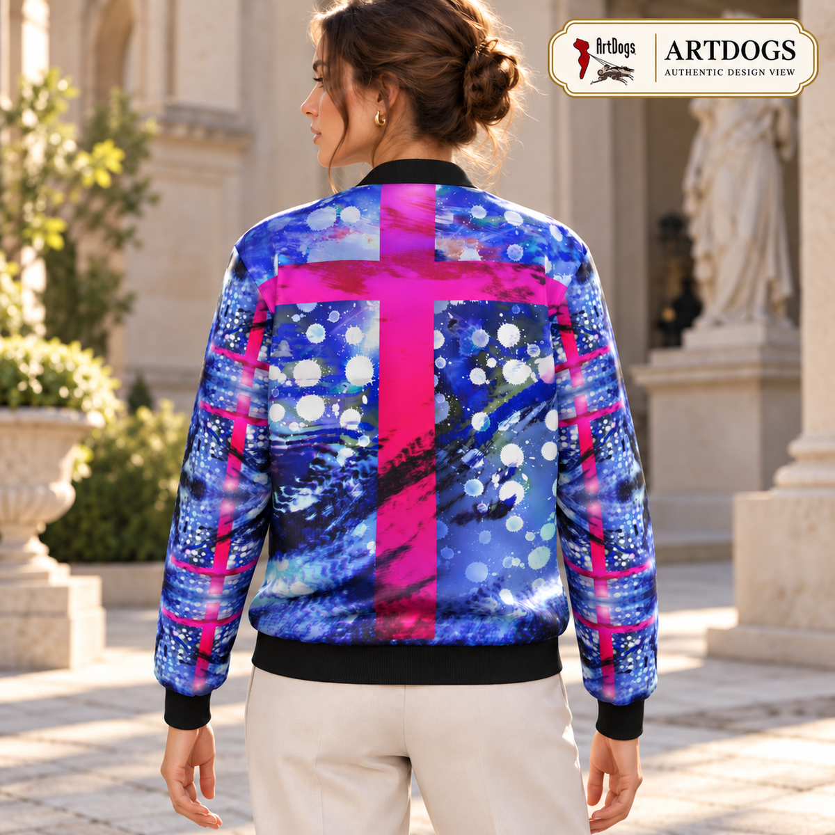 Intersect 1 Women's Reversible Silk Bomber Jacket — Authentic Design View, side a back, real silk reversible jacket