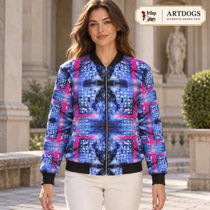 Intersect 1 Women's Reversible Silk Bomber Jacket — Authentic Design View, side a front, real silk reversible jacket