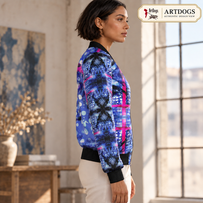 Intersect 1 Women's Reversible Silk Bomber Jacket — Authentic Design View, side a right profile, real silk reversible jacket