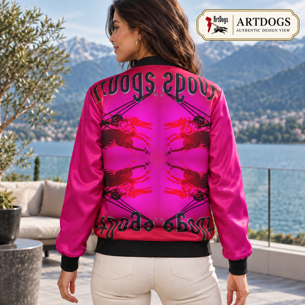 Intersect 1 Women's Reversible Silk Bomber Jacket — Authentic Design View, side b back, real silk reversible jacket