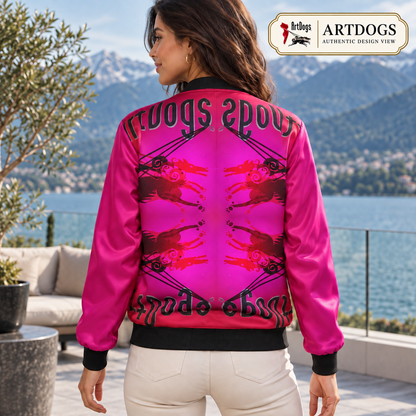 Intersect 1 Women's Reversible Silk Bomber Jacket — Authentic Design View, side b back, real silk reversible jacket