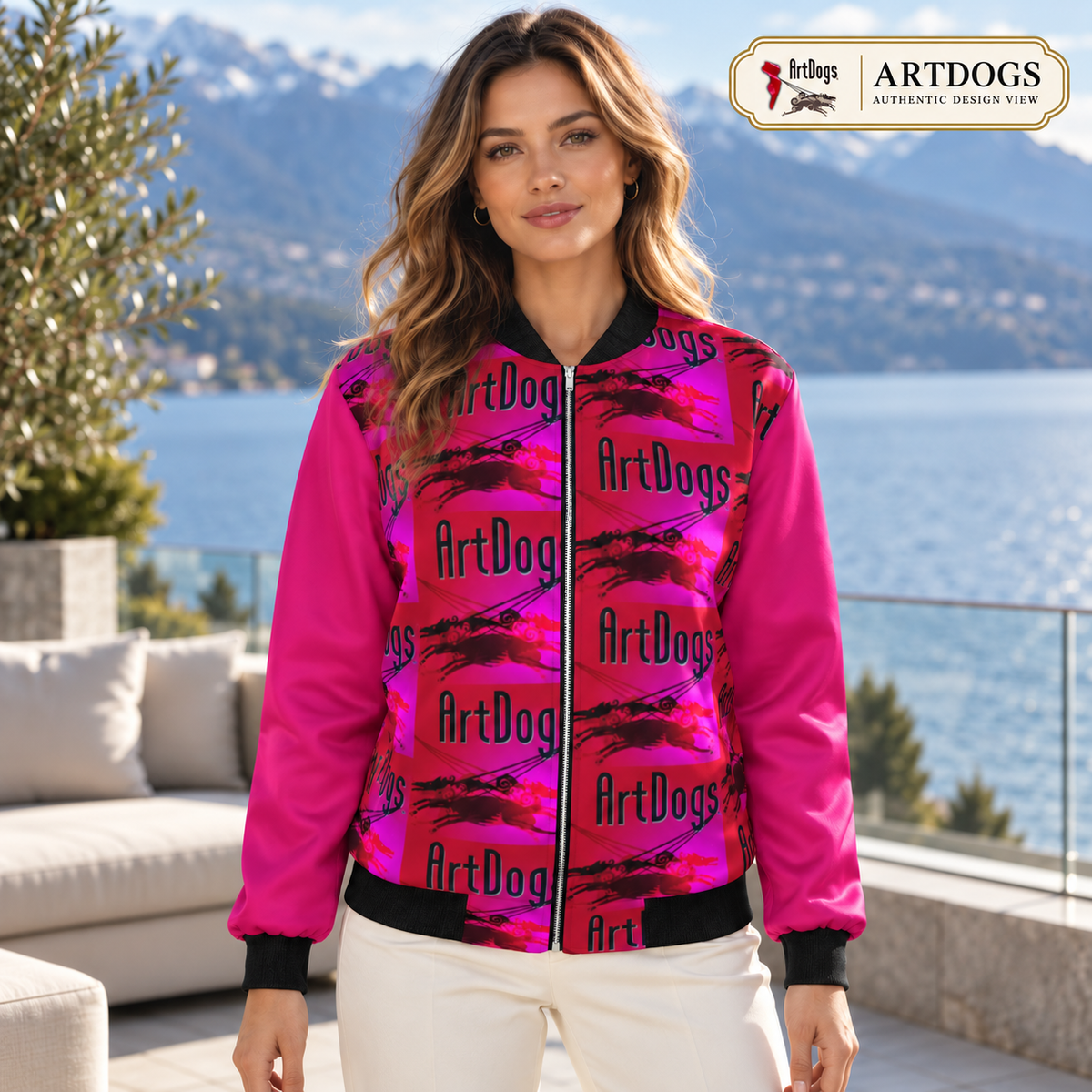 Intersect 1 Women's Reversible Silk Bomber Jacket — Authentic Design View, side b front, real silk reversible jacket