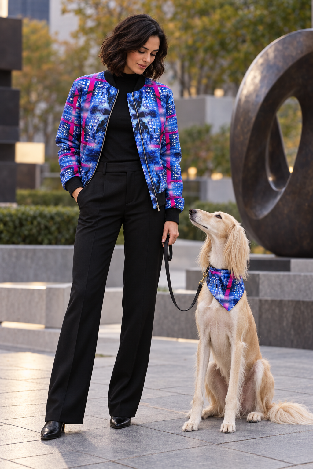 Woman wearing the Intersect 1 Women's Reversible Silk Bomber Jacket with an adult Saluki companion and a small matching artwork bandana