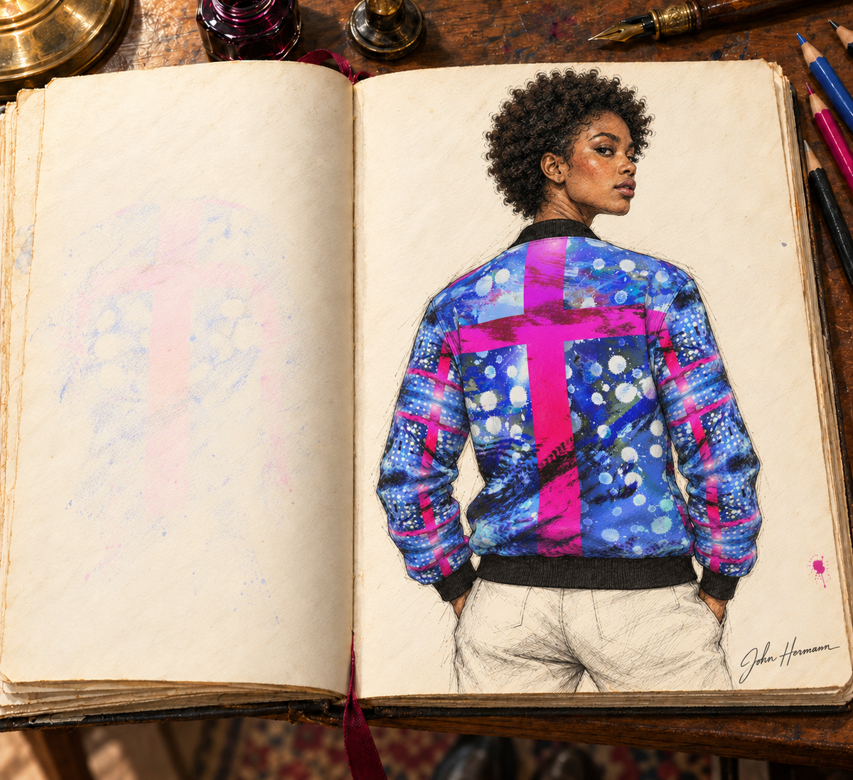 Intersect 1 Women's Reversible Silk Bomber Jacket — hand-drawn Handbook designer sketch, side a back, signed John Hermann